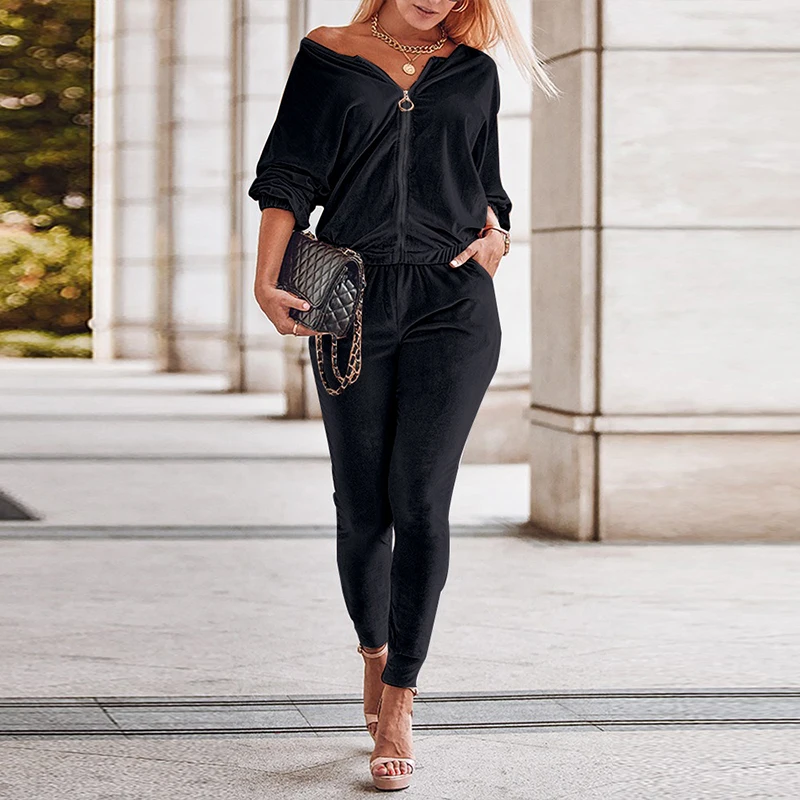 

Fashion Velvet Solid Tracksuit Outfits Elegant V-neck Zip Sweatshirt & Long Pants Suits Women Casual Long Sleeve Pocket 2Pc Sets