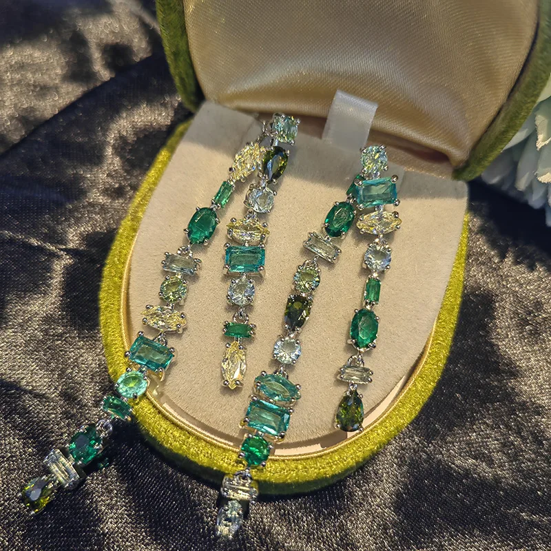 

green zircon fringe long earrings fairy long two wear asymmetry sparkling fine jewelry for women