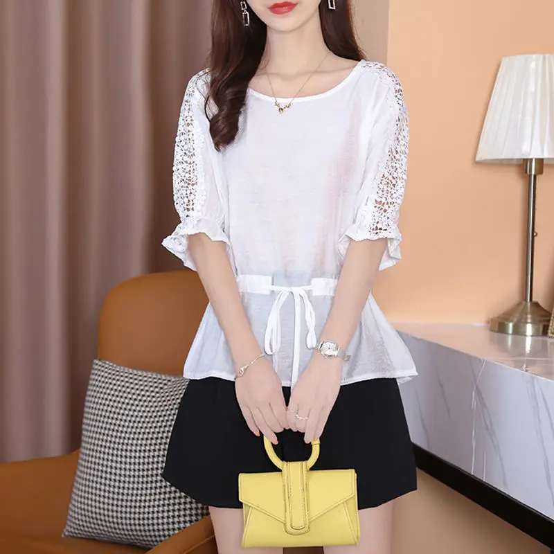 

Hollow Out Solid Color Short Sleeve T-Shirts Korean Fashion Summer Clothes For Women 2022 Lace Up Collect Waist Loose Tops Mujer