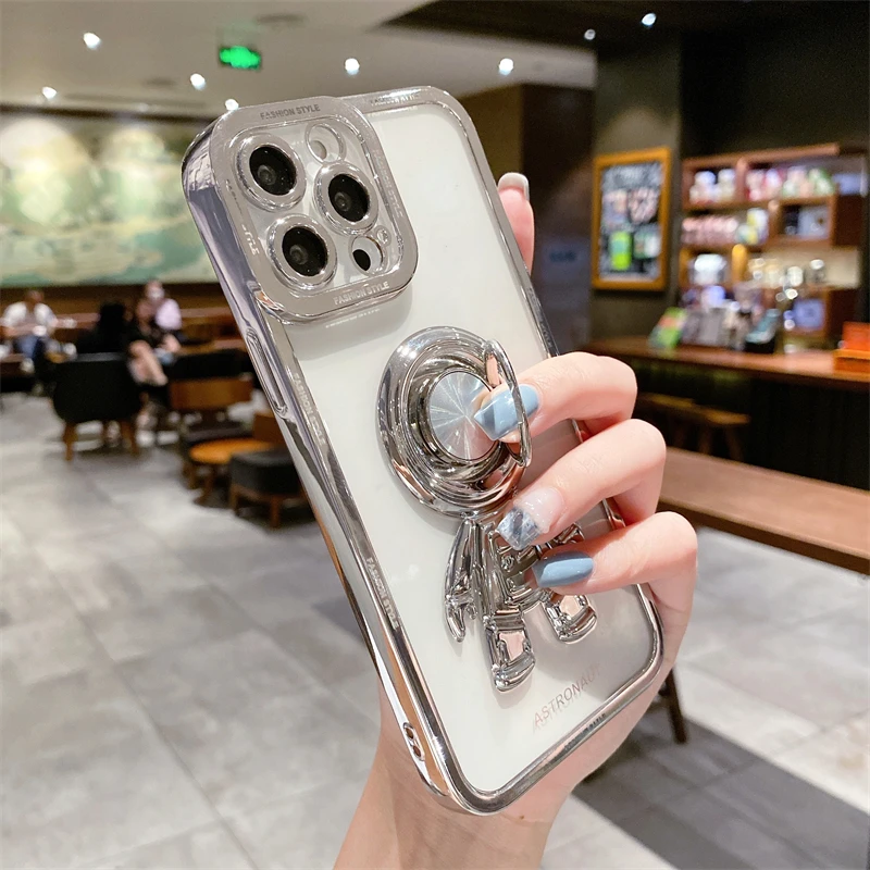 

Plating Astronaut Ring Holder Clear Phone Case For iphone 12 13 11 Pro X Xs Max XR 7 8 Plus SE 3 Square Frame Back Cover Coque