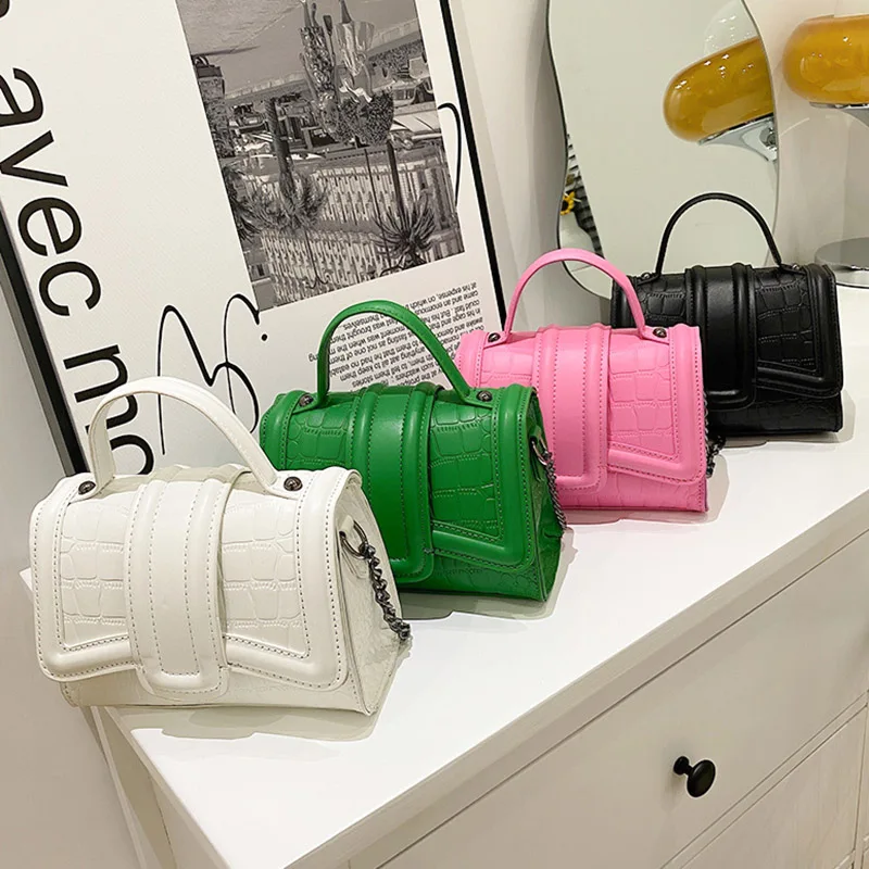 

2022 Luxury Women Small Flap Bag Chain Messenger Bag Lady White Pink Green Handbag Clutch Stone Pattern Pu Leather Shoulder Bag