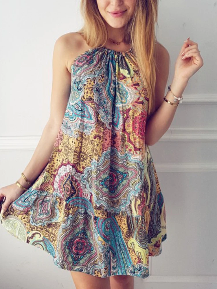 

Женское короткое платье с винтажным принтом, повседневное праздничное платье без рукавов, привлекательное богемное мини-платье с воротник...