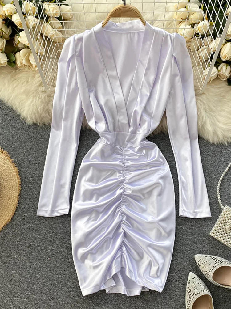 

Autumn 2022 Deep V-Neck Satin Sexy Bodycon Dress Women Elegant Long Sleeve Draped Party Vestidos Female Whioe/Black/Gold Robe