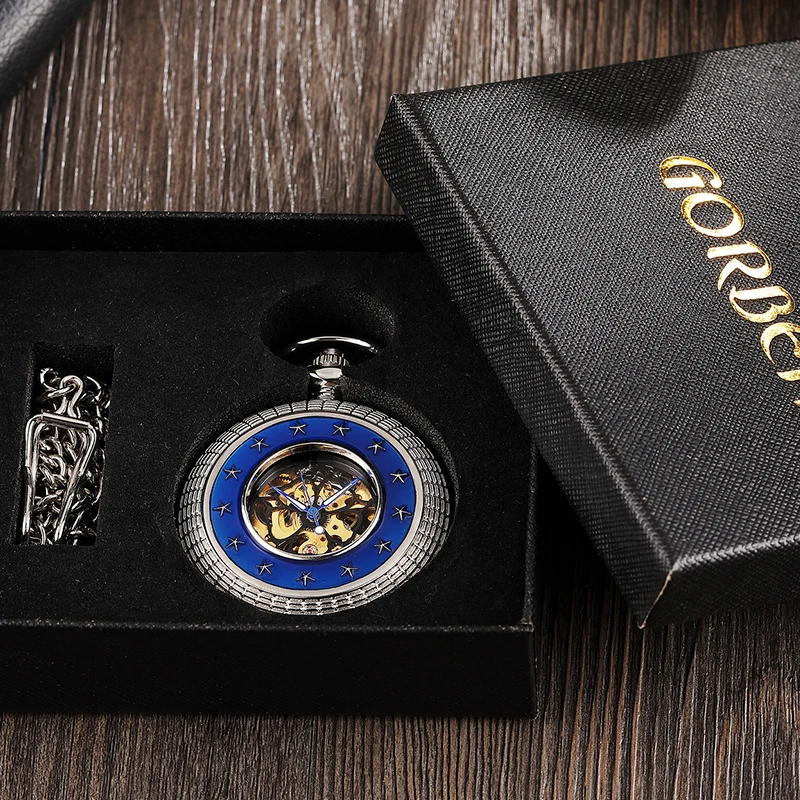 Fashion Mechanical Pocket Watch Skeleton Blue Star Design Front Case Hollow Flower Roman Numeral Dial with FOB Chain Gift PM098