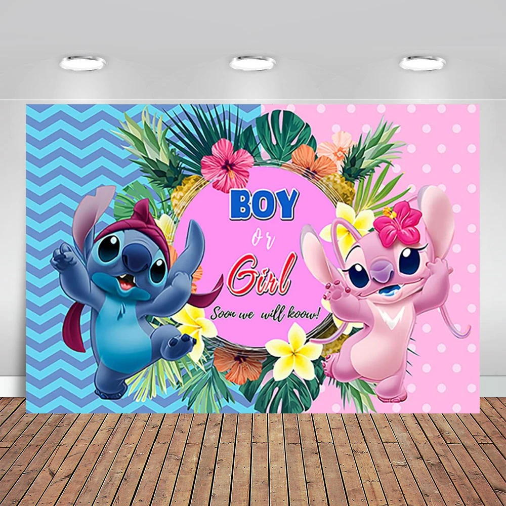 

Stitch and Angel Gender Reveal Backdrop Summer Hawaii Baby Shower Banner for Party Decorations Supplies