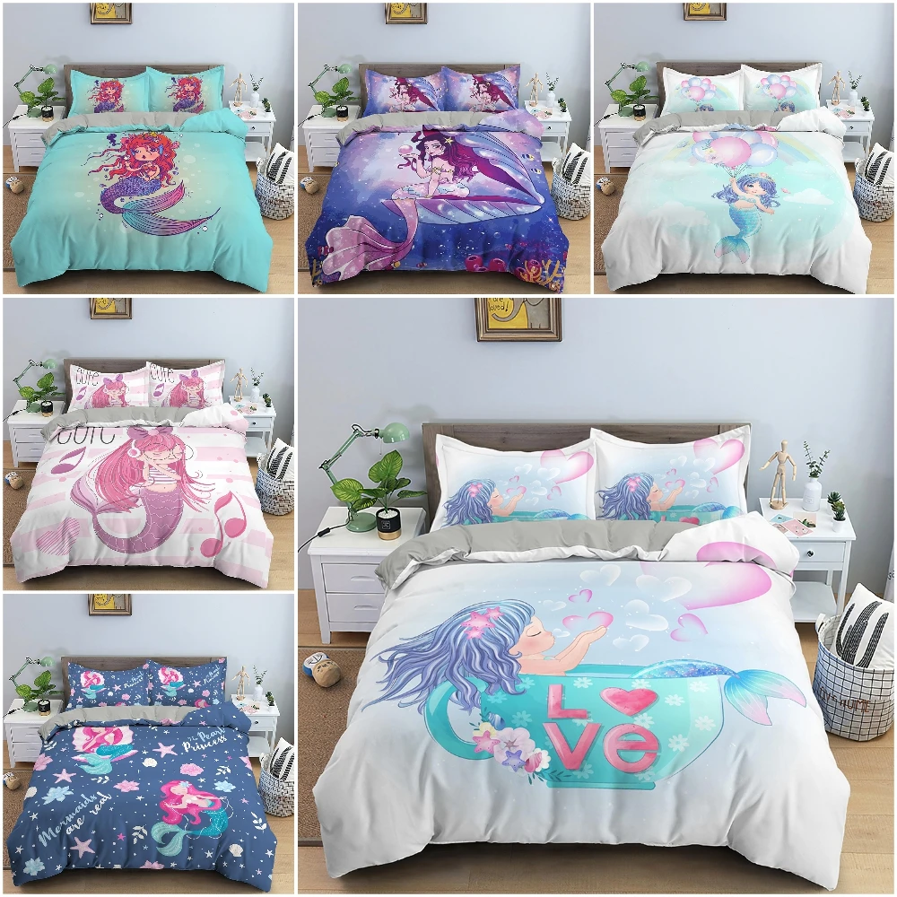 

Cartoon Mermaid Bedding Set Duvet Cover Queen For Children Soft Microfiber Fabric Quilt Cover Set Home Textile