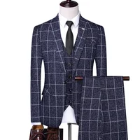(Jacket+Vest+Pants) Men 's Slim Fit Business Suit Male Plaid linen 3 Pieces Mens Blazers Tuxedos Suits Groom Best Wedding Suits