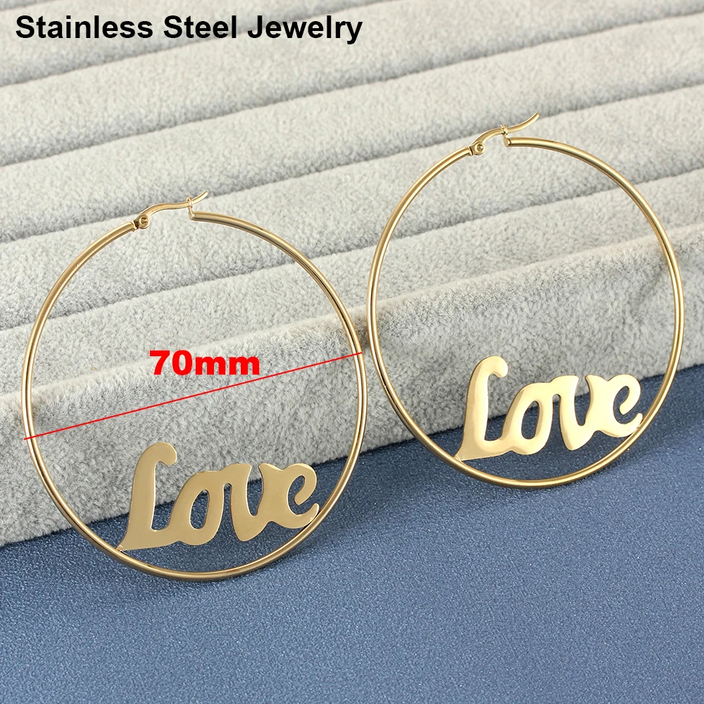 

Luxury Stainless Steel Hoop Earrings For Women Gold Plated Cute Large Big Circle Love Letter Romantic Jewelry 40/50/60/70MM