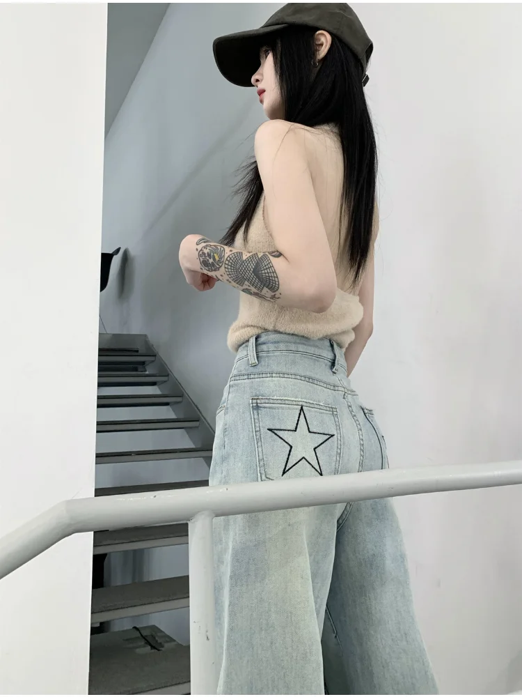 HOUZHOU Women Jeans Vintage Gyaru Star Girl Y2k Baggy Denim Trousers Korean Streetwear Acubi Fashion Casual Blue Wide Leg Jeans
