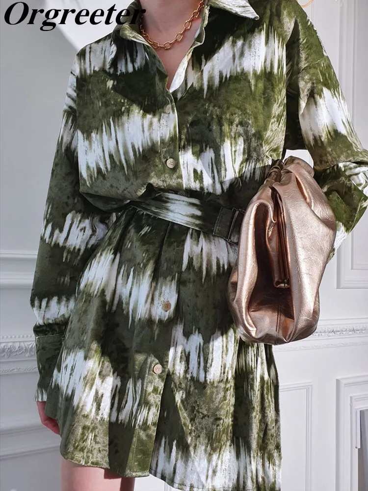 

Chic Smudge Design Shirt Dress for Women Spring New Lapel Long Sleeve Belted Loose Short Dress Streetwear Women Clothing