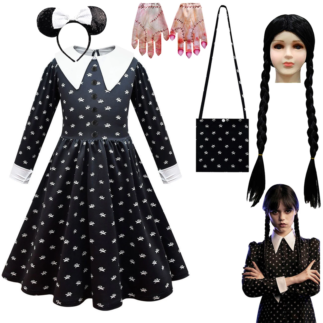 

Платье для девочек, семейный костюм для косплея среду Аддамс, винтажные готические наряды, детская одежда на Хэллоуин с принтом мортики Аддамс, парик