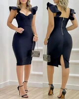 black ruffles bandage dress for women 2022 summer sexy v neck knee length evening celebrity streetwear club party dresses