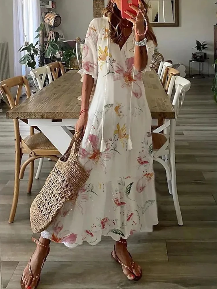Yaz plaj zarif çiçek baskılı uzun elbise kadınlar bahar yarım kollu tatil elbisesi moda v yakalı parti elbise