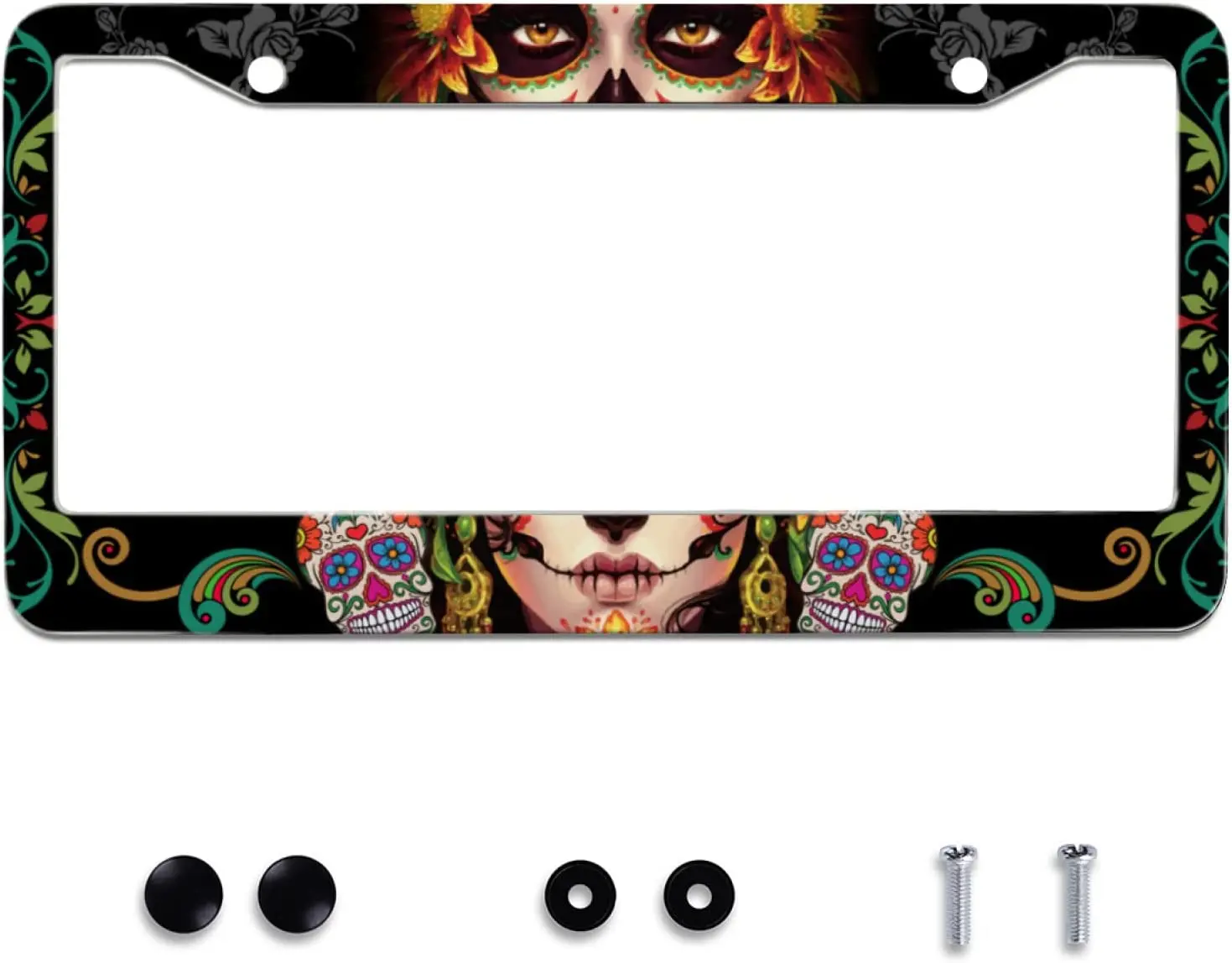

Sugar Skull Retro License Plate Frames Candy Skulls License Plate Frame Car Universal Aluminum Accessories US Vehicles Standard