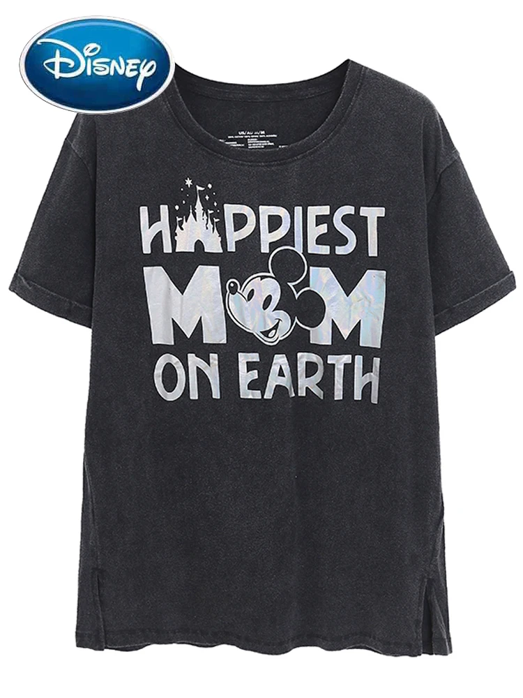 

Disney T-Shirt Vintage Mickey Mouse Letter Cartoon Harajuku Retro Women O-Neck Pullover Short Sleeve Wash Distress Tops Female