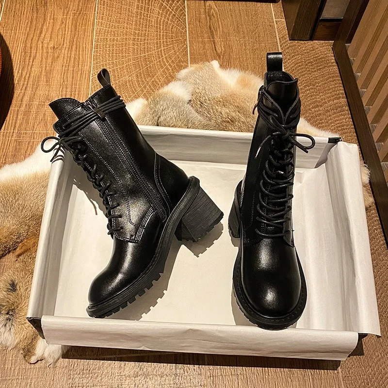 

New Thick-heeled High-heeled British Style Leather Martin Boots Black Lace-up Round Toe All-match Short Boots Winter Boots Women