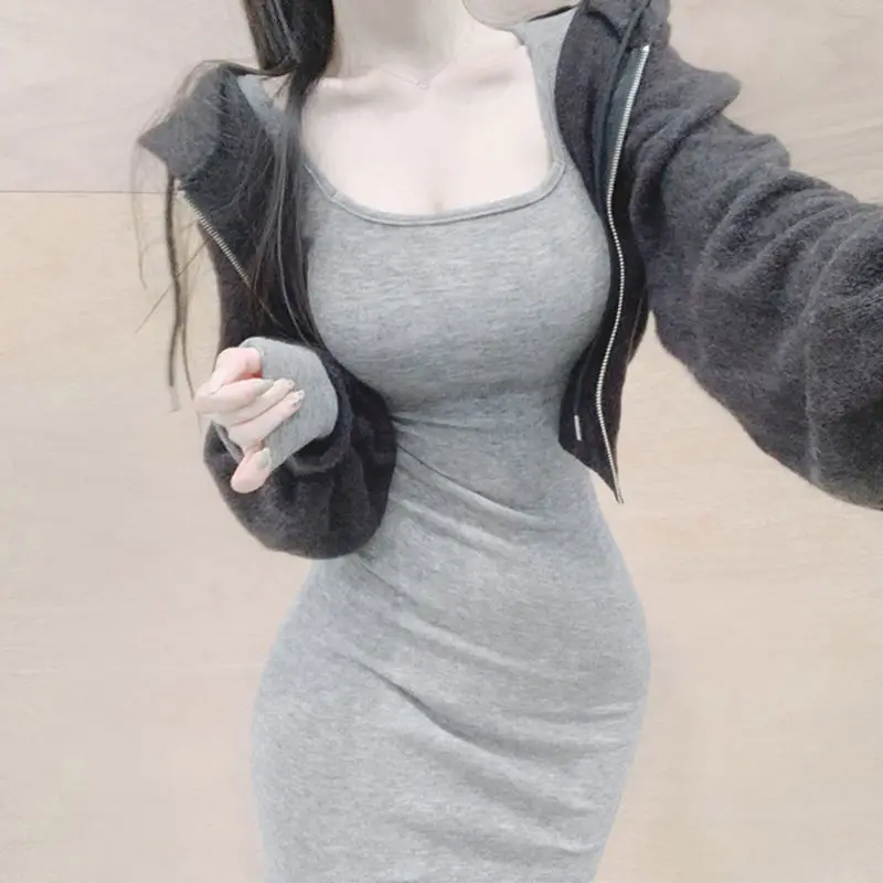 

2022 Spring Autumn Women Shirt Dress With Long Sleeve Square Collar Sexy Robe Femme Korean Fashion Ropa Mujer Casual Dresses