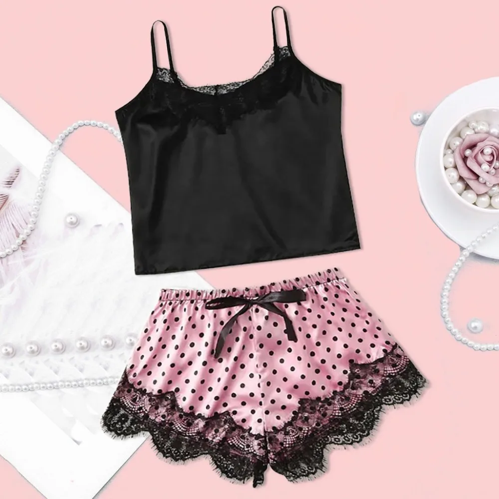 

Summer Women's Sexy Lace Trim 2 Piece Sleepwear Satin Cami Shorts Set Pajamas Camisole Nightwear Sets