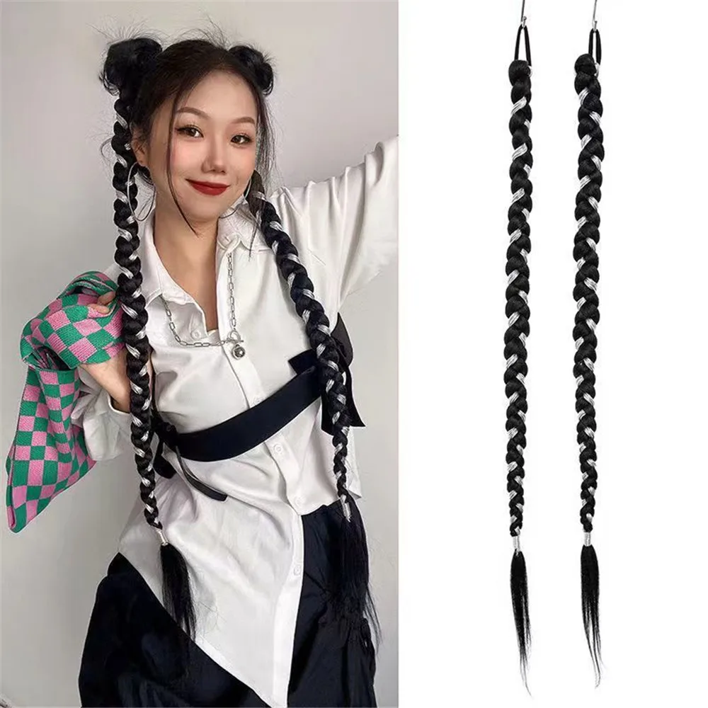 

Retro Double Ponytail Highlights Gray Twist Long Braids Fashion Sweet Cool For Girl Party Boxing Dirty Braids Hair Accessories