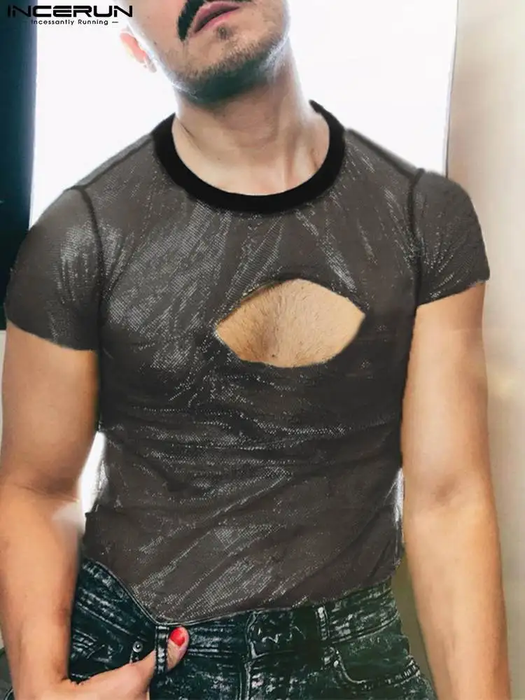 

Футболка INCERUN мужская с коротким рукавом, сетчатый прозрачный топ в стиле пэчворк, пикантная уличная одежда для вечеринки, ночного клуба, 2022