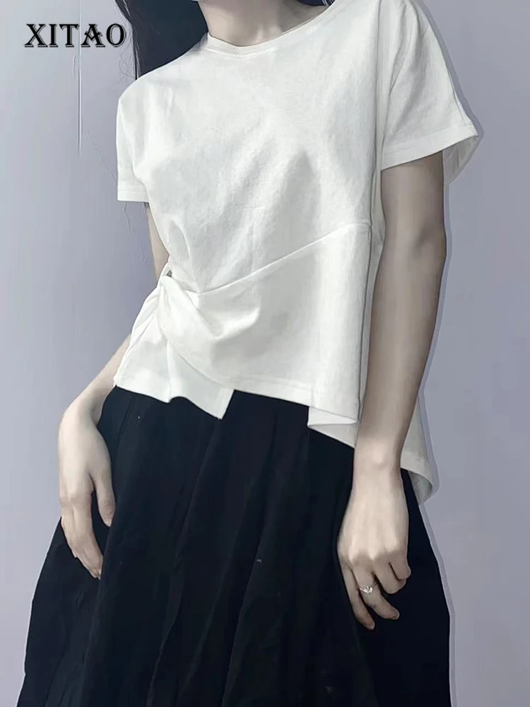 

XITAO Irregular Folds Splicing T-shirt Solid Color Casual Fashion Loose Simplicity Temperament Pullover New Women Top WMD6168