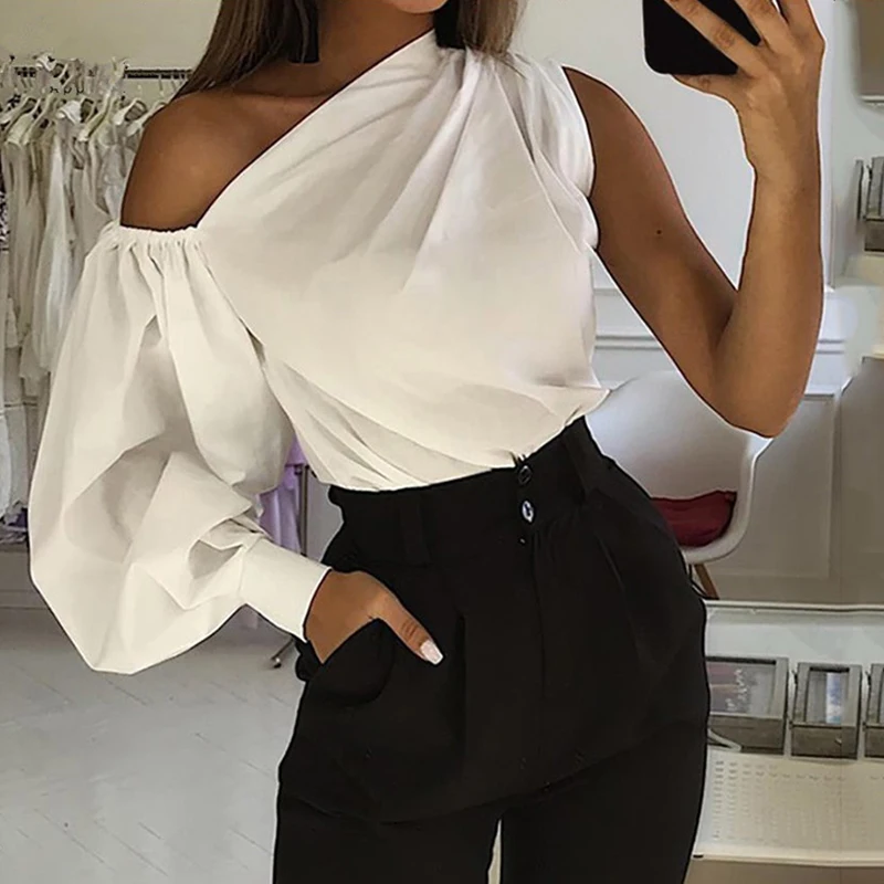 

Women One Shoulder Skew Collar Blouse Spring Sexy Lantern Sleeve Loose Tops Office Lady Blouses for New Year 2022