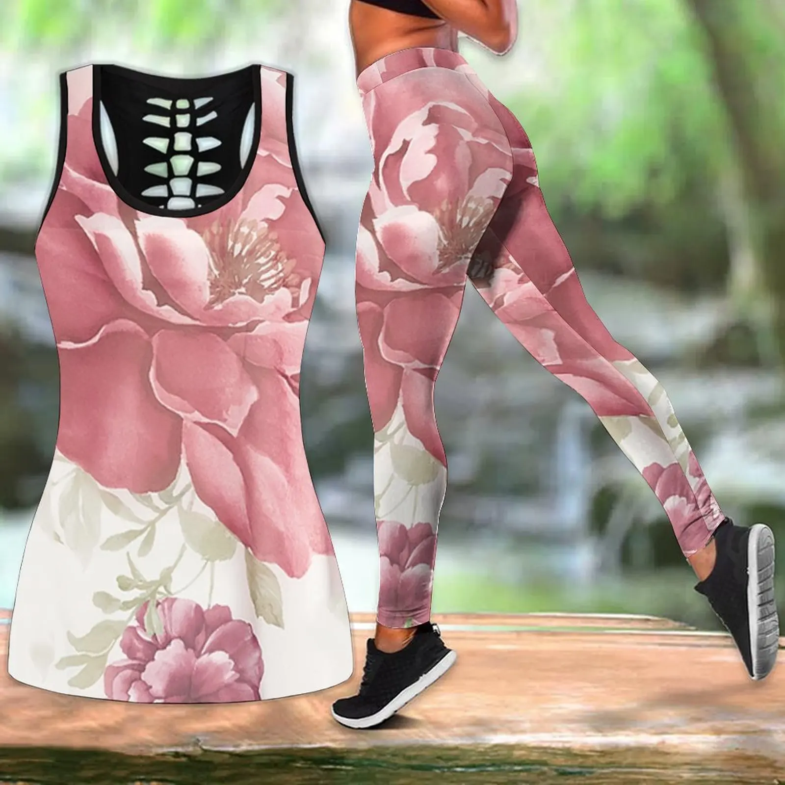 Women's Summer New Flower Art Print Yoga Pants Set Hollow Out Tank Top Leggings Sportswear Yoga Set Tops Vest Women Clothing