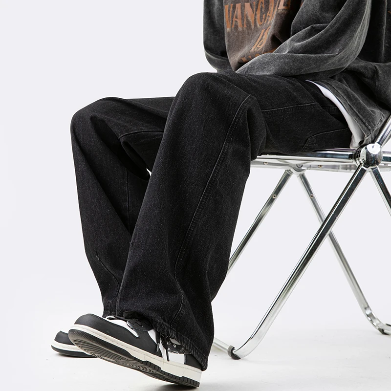 Blue Black Baggy Jeans Men Fashion Drawstring Casual Straight Jeans Men Streetwear Korean Loose Denim Pants Mens Trousers S-3XL