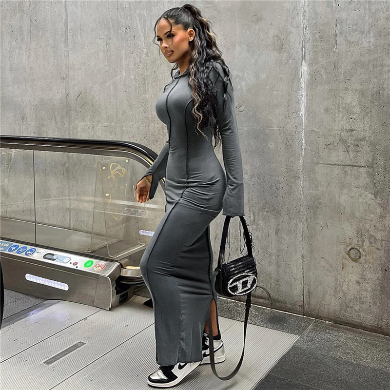 

Streetwear Sexy Long Sleeve Fall Winter Casual Dress Bodycon Solid Grey Patchwork Slit Long Hoodies Dresses for Women Clothes