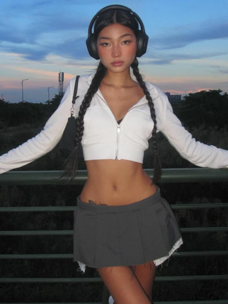 

Sexy Zip Up Pocket Long Sleeve White Crop Hoodies for Women 2022 Autumn Y2K Clothes Fashion Vintage Slim Tops Club Streetwear