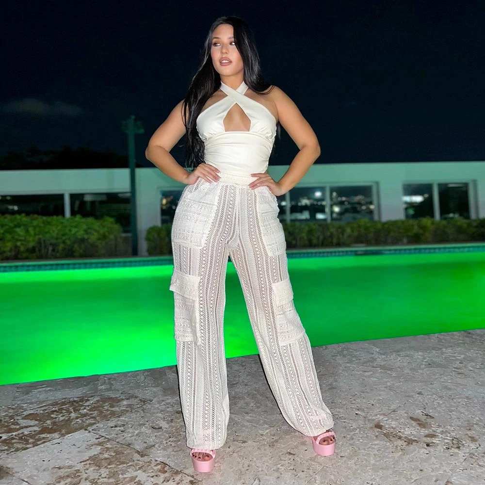 Сексуальные прозрачные брюки-карго с вырезами женские трикотажные брюки высокой