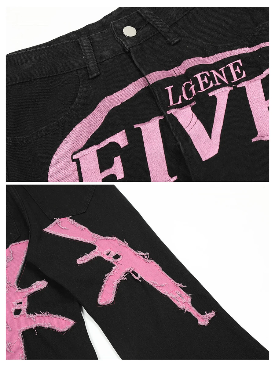 Four Seasons Men Jeans AK Look Patch High Street Letters Embroidered Hip Hop Straight Loose Casual Pants Streetwear Ins Hot Sale