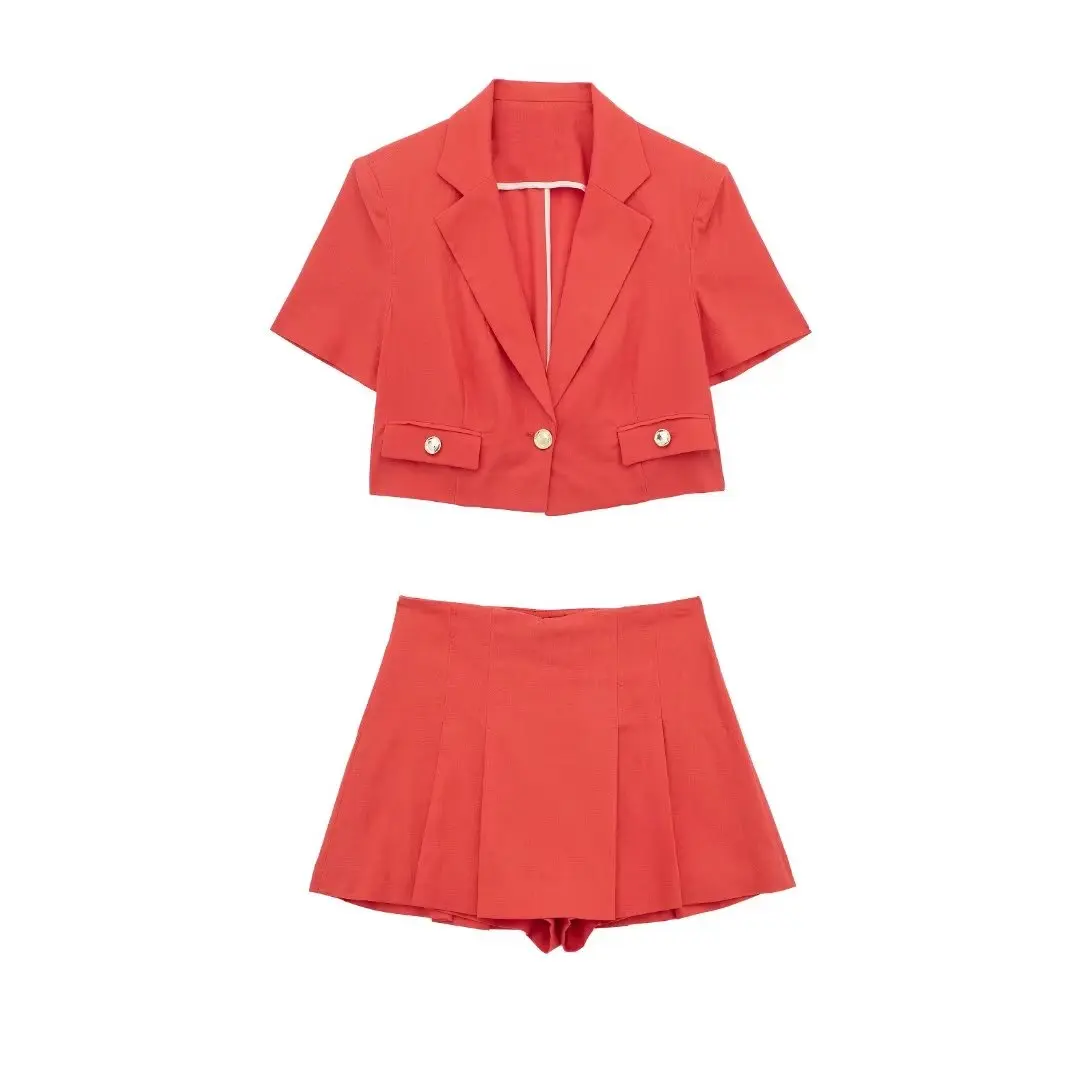 

Women 2023 New Fashion Single Button flax Cropped Blazer Coat Vintage short Sleeve Female Outerwear Chic Femme