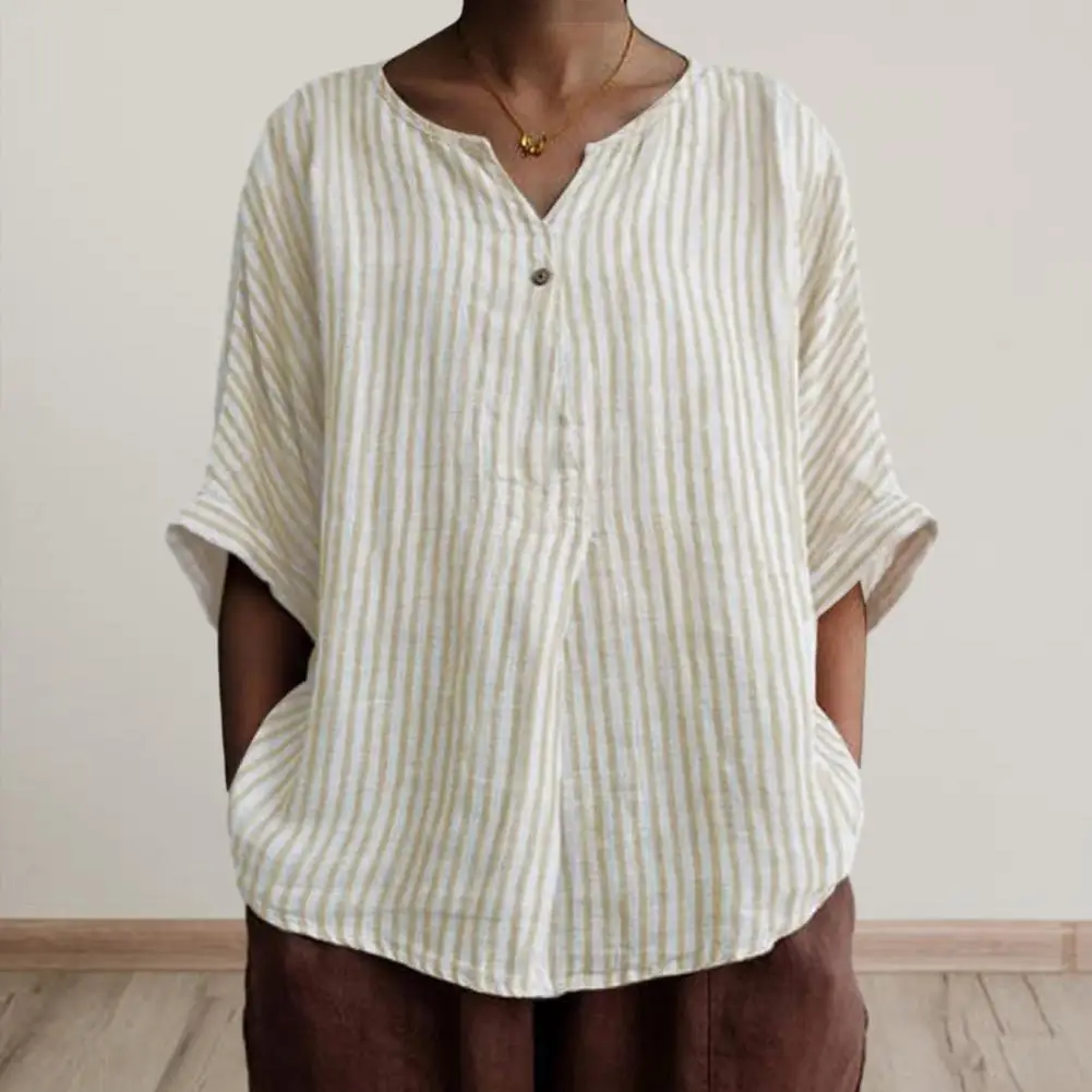 

Шикарный винтажный женский дышащий топ с V-образным вырезом, свободная футболка с рукавом до локтя, идеальная уличная одежда для тонкого лета