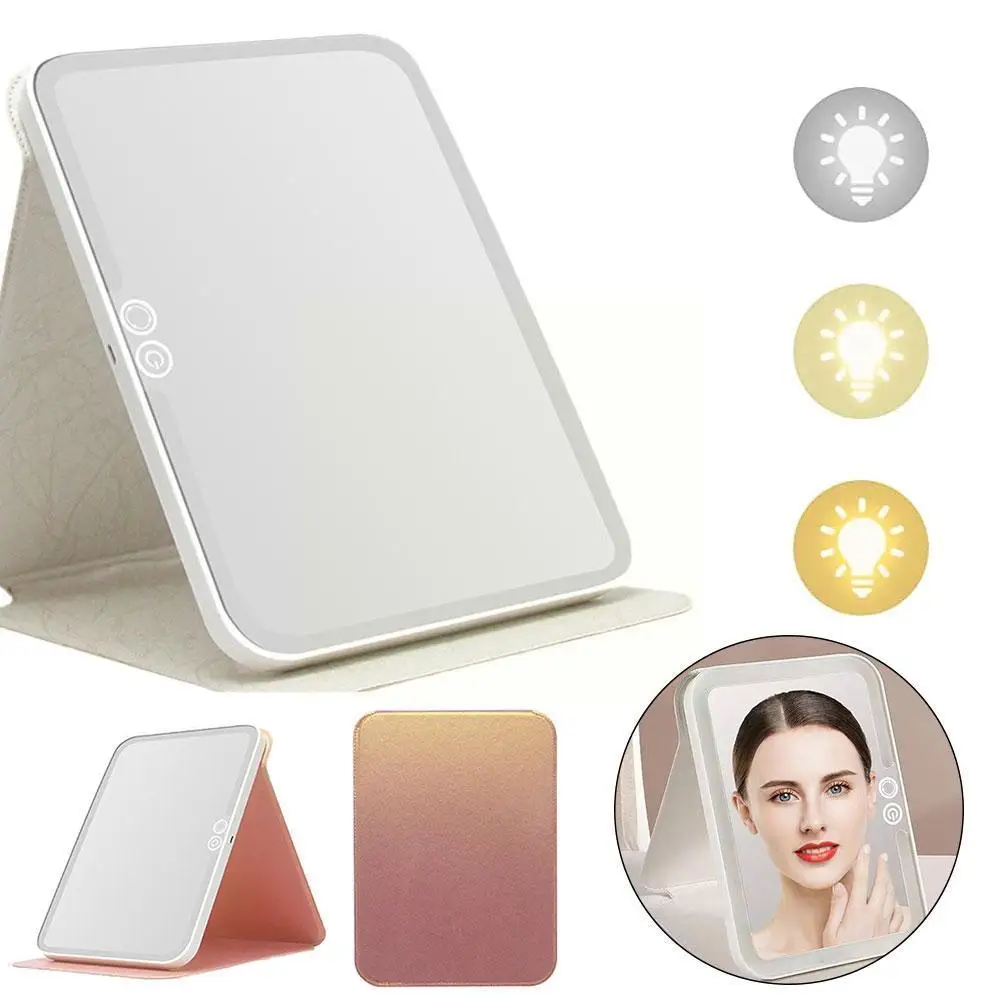 

Rechargeable Three Color Light LED Makeup Mirror With Leather Compensating Travel Light Portable Square Mirror Folding Ligh L6U9