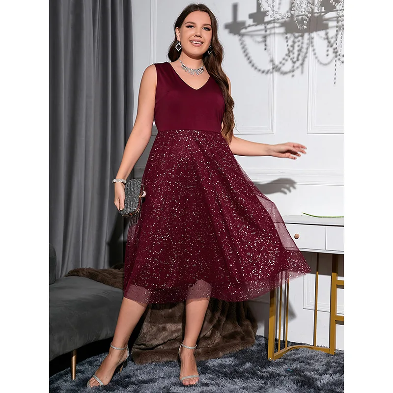 

Plus Size Dresses Solid V-Neck Sequined Sleeveless Mid-Calf Gauze Party Dresses Dresses for Women 2022 Office Lady Slim Fit