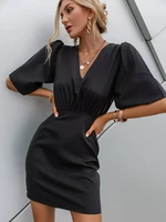 vintage peter pan collar black women lace dress puff sleeve v neck smock mini dresses a line high waist loose vestidos
