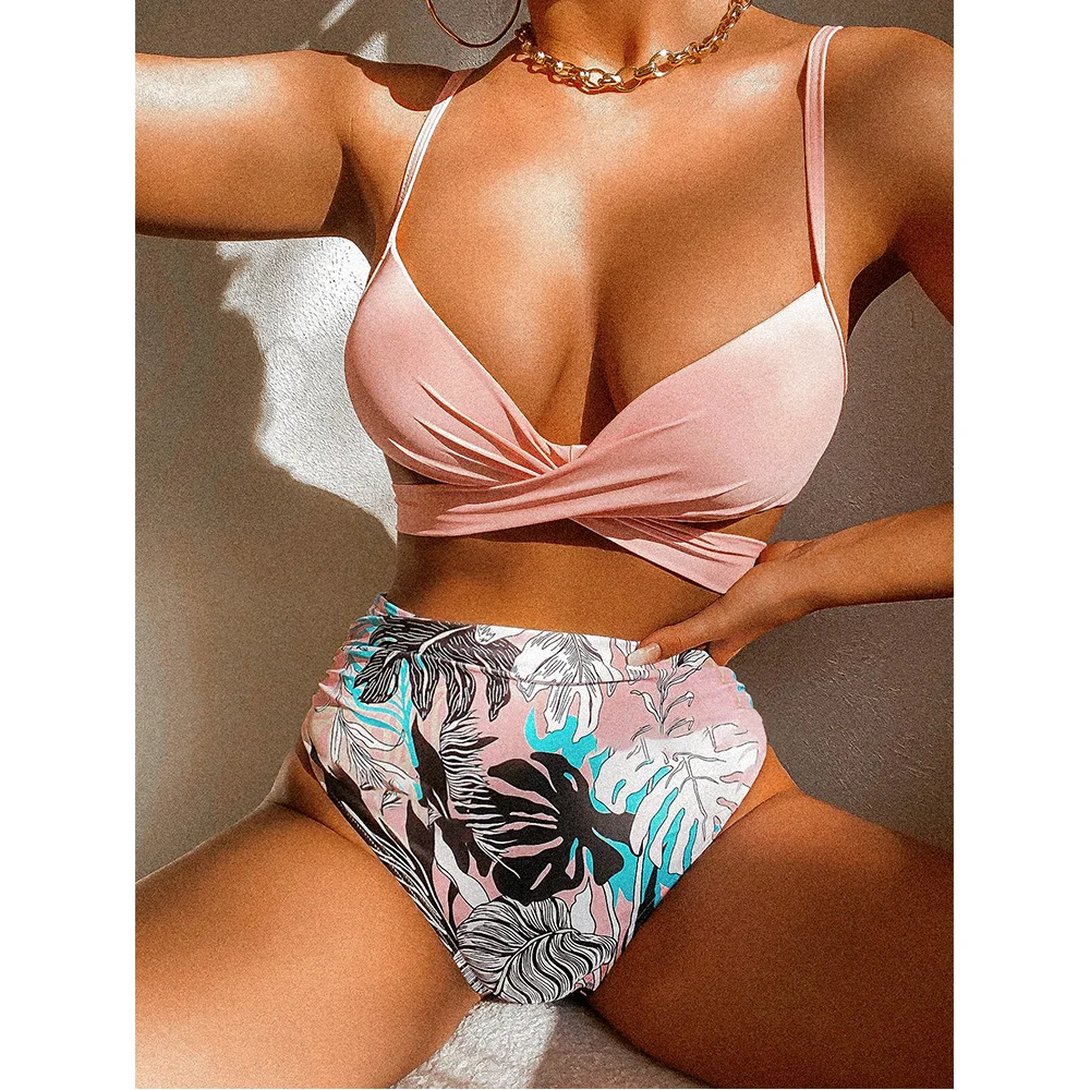 

2023 New Sexy High Waist Bikini Set Bandage Swimwear Women Solid Strappy Print Floral Swimsuit Beachwear Bathing Suit biquini