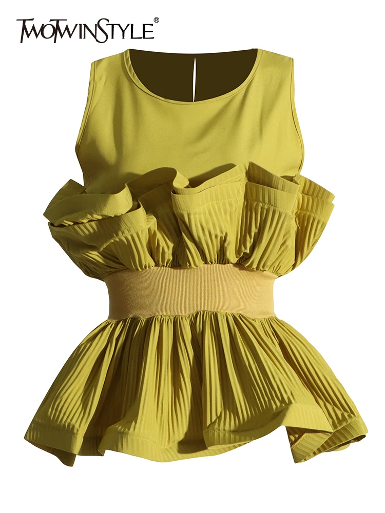 

TWOTWINSTYLE Sleeveless Shirts For Women Round Neck Tunic Patchwork Ruffles Summer Pullover Blouse Female Fashion Clothing New