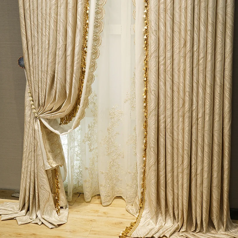 

Light Luxury French Modern Curtains for Living Room Bedroom Precision Jacquard Curtain Geometric Beige Lace Curtain Home Custom