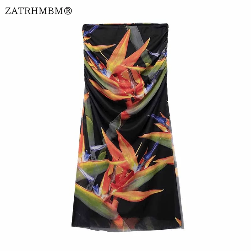 

ZATRHMBM Women 2023 Summer Fashion Strapless Tulle Print Dress Vintage Side Slit Sexy Backless Female Dresses Vestidos Mujer