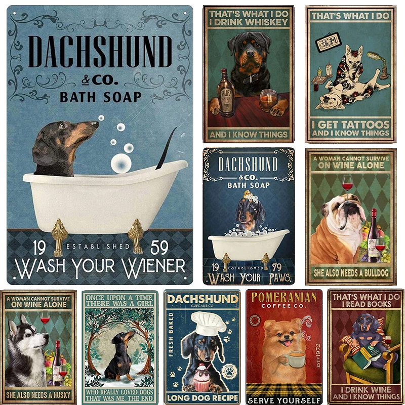 

Cute Dog Wash Paw Warn Intruder Drink Read Book Tatoo Retro Metal Sign Decoration Pet Shop Decor Tin Vintage Metal Plate Poster