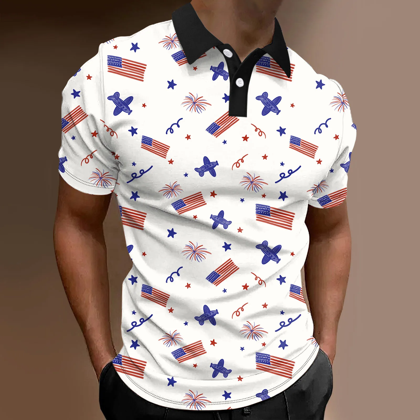 

Men T-shirts Independence Day Striped Star Print Button Turn-down Collar Polos Tees Sports Business Shirts Streetwear Polo Shirt