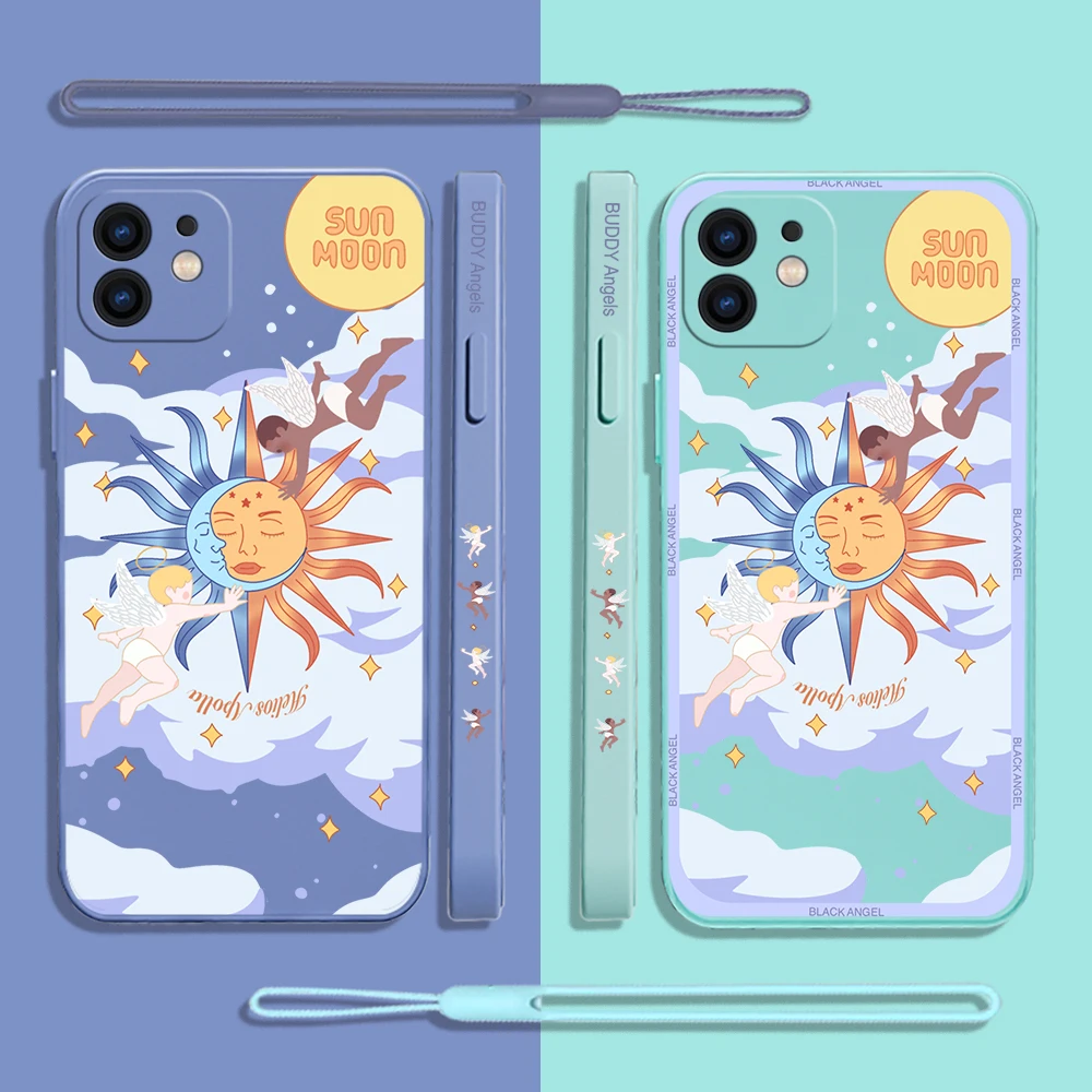 

Cute Love Cupid Sun Moon Phone Case For iPhone 14 13 12 11 Pro Max Mini X XR XS MAX SE20 8 7 Plus Silicone Cases with Hand Strap