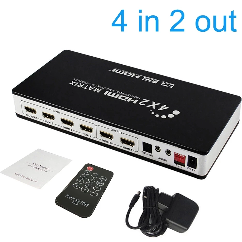 

4k 1080P HDMI Matrix 4x2 Switch Splitter Video Conveter 4 In 2 Out Audio Extractor for PS4 XBOX Camera Laptop PC To TV Monitor