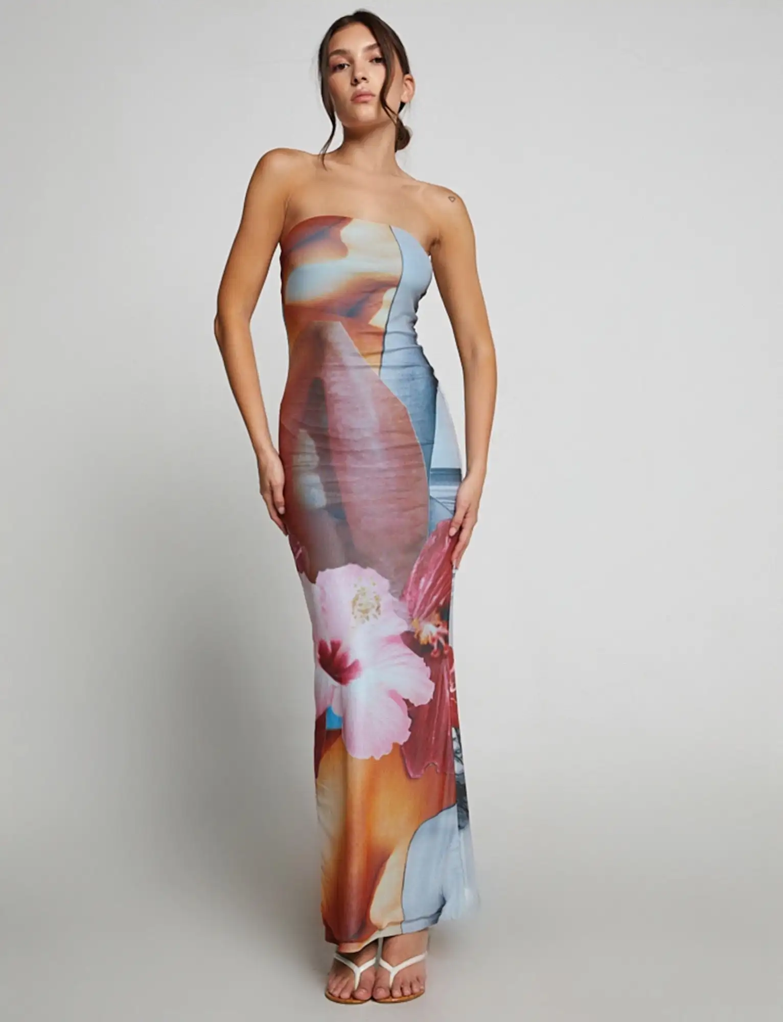 

Women Tube Top Cocktail Party Dress Floral Print Strapless Off-Shoulder Bodycon Long Dress with Slit for Ladies