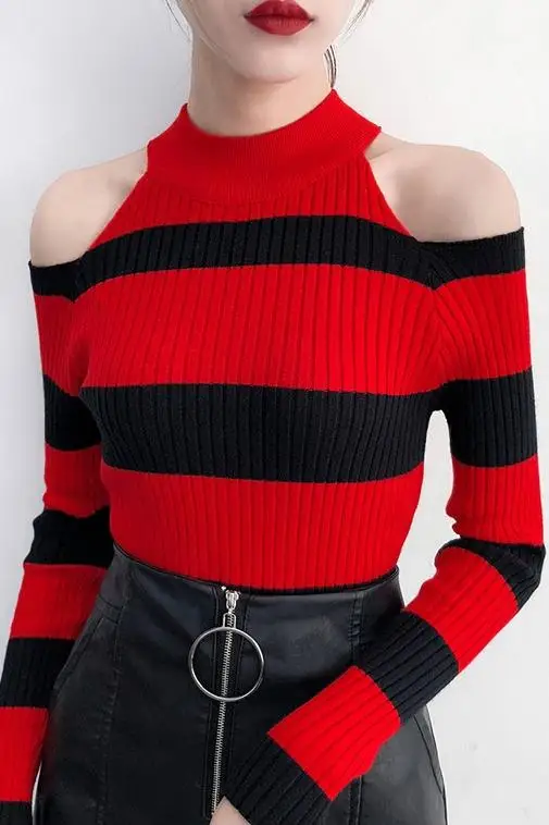 Пуловер женский полосатый с открытыми плечами на весну/Осень/зиму | Пуловеры