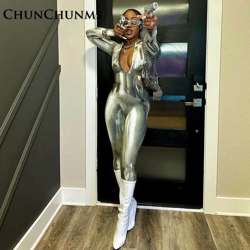 Fashion Body Print Slim Sexy Long Sleeve Jumpsuit Women One Piece Pants Zipper Street Y2k Romper Tight Spring Overalls 2023
