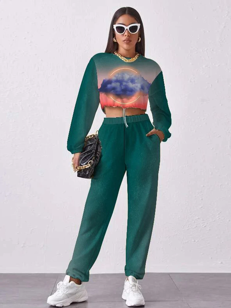 

Autumn Winter 2023 Fashion Sport Suit 2Pcs Set Women Tracksuit Long Sleeve Pullover Crop Top+Jogger Pants Sweatpants Streetwear