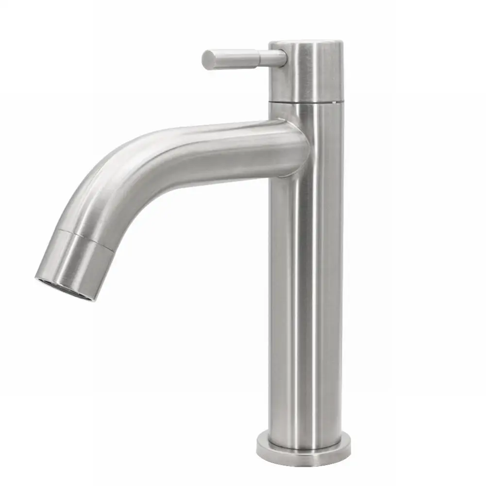 

1pc Sleek Design Stainless Steel Silver Single Cold Sink Faucet Bathroom Counter Basin Faucet For Household Hardware